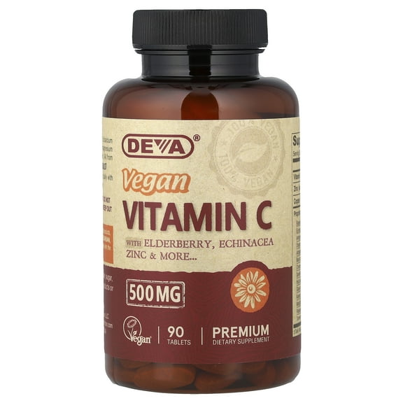 Deva Vegan Vitamin C with Elderberry, Echinacea, Zinc, 500 mg, 90 Tablets