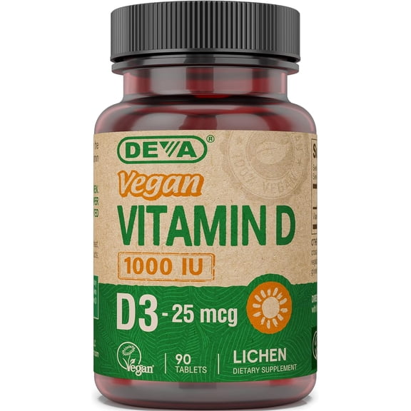 Deva Vegan Vitamin D3 Supplement - Once-Per-Day Tablet with 1000 IU - Cholecalciferol - Lichen Plant Derived - 90 Small Tablets