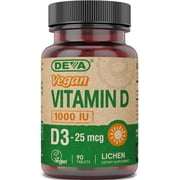 Deva Vegan Vitamin D3 Supplement - Once-Per-Day Tablet with 1000 IU - Cholecalciferol - Lichen Plant Derived - 90 Small Tablets