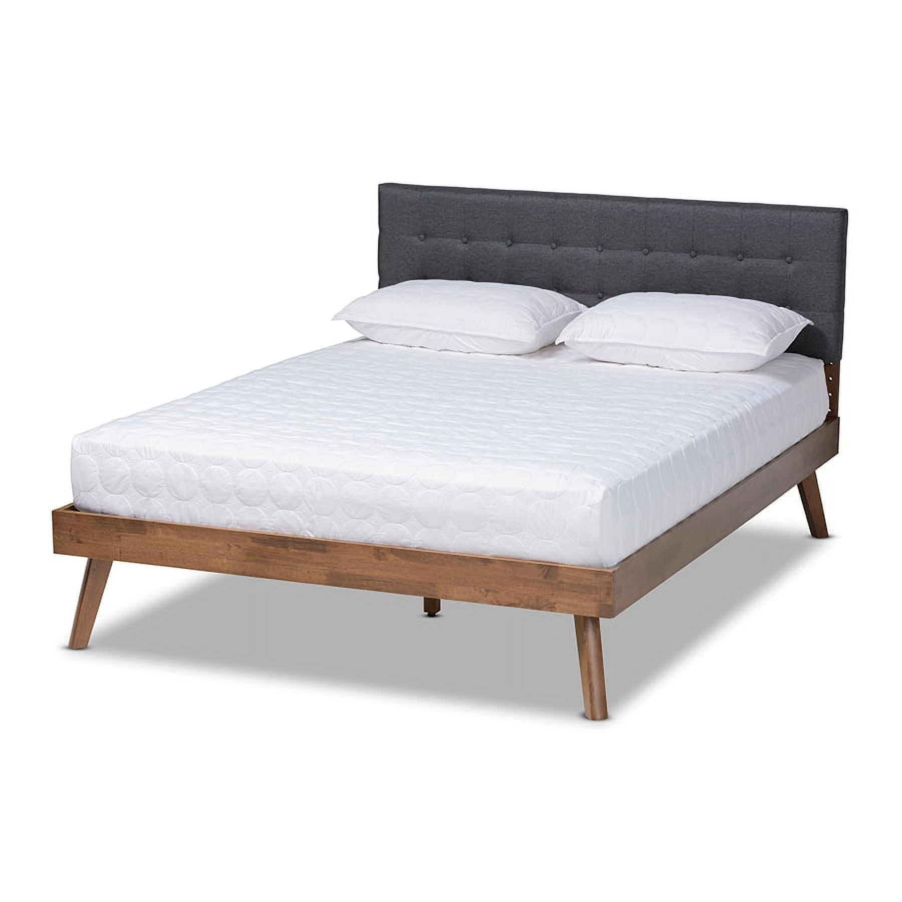 Queen Walnut Wood Platform Bed with Gray Tufted Upholstered Headboard
