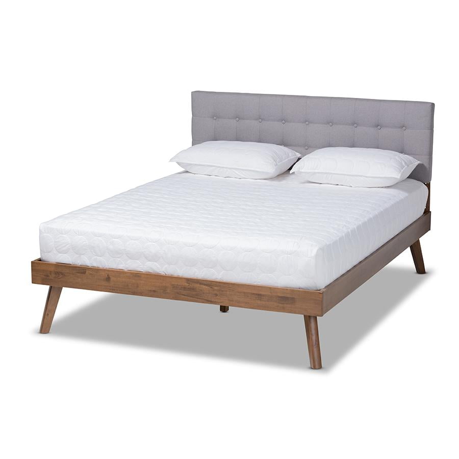 Devan Queen-Sized Light Grey Tufted Upholstered Bed with Walnut Frame