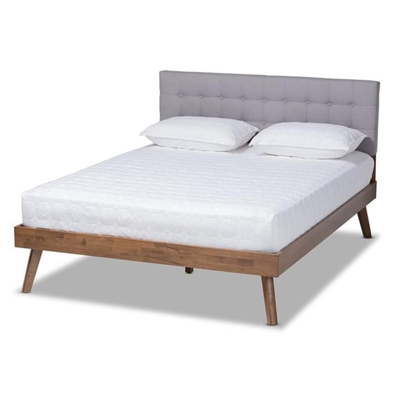 Devan Mid-Century Modern Light Grey Fabric Upholstered Queen Size Platform Bed