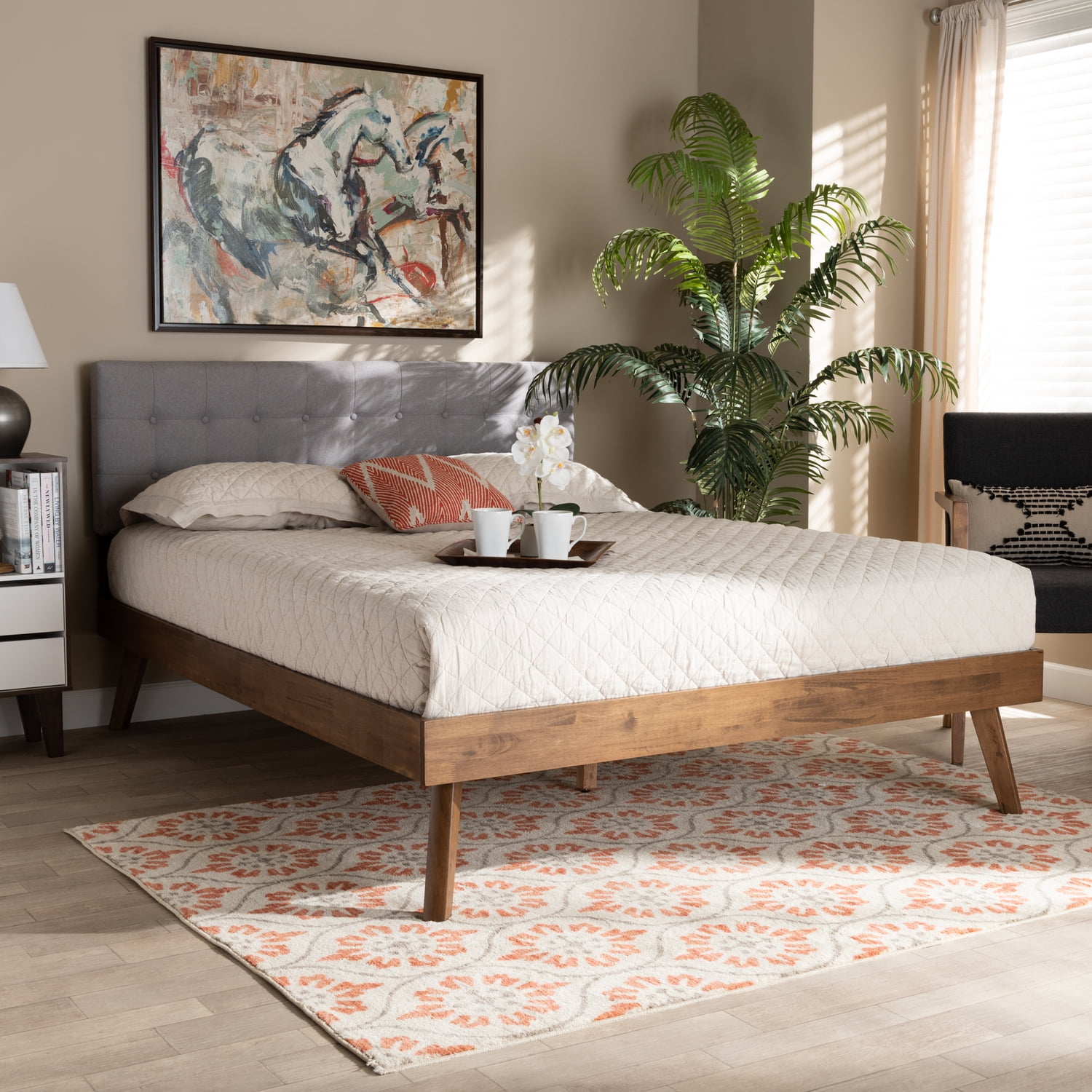 Devan Queen-Sized Light Grey Tufted Upholstered Bed with Walnut Frame