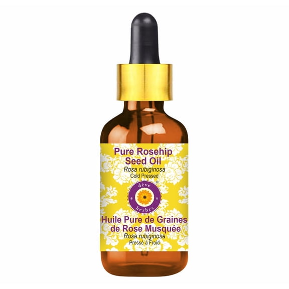Deve Herbes Pure Rosehip Seed Oil (Rosa rubiginosa) Cold-Pressed Natural Botanical Oil for Skin, Hair & Massage 30ml with Glass Dropper