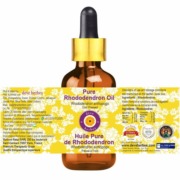 Deve Herbes Rhododendron Oil (Rhododendron anthopogo) - 10ml (0.33 FL Oz ) - 100% Natural Oil - for Diffuser Blends, Aromatherapy & External Use - with Dropper