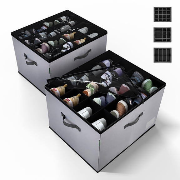 DeveHome Set of 2 Shoe Organizers for Closet, Foldable Fabric Shoe Storage Boxes with Adjustable Dividers & Clear Lids, Holds up to 32 Pairs, Gray