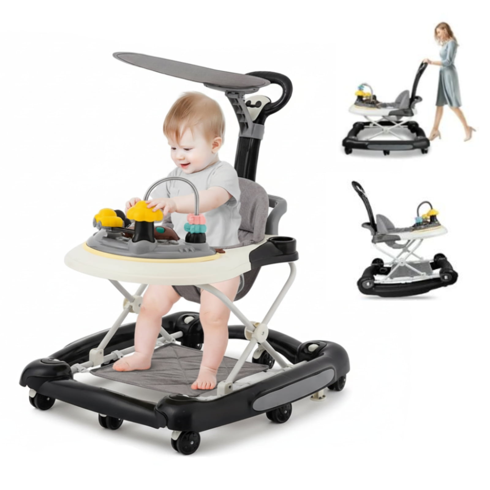 Developmental Walkers for Babies, Foldable Baby Walker, Adjustable Height With Interactive Toys, Black