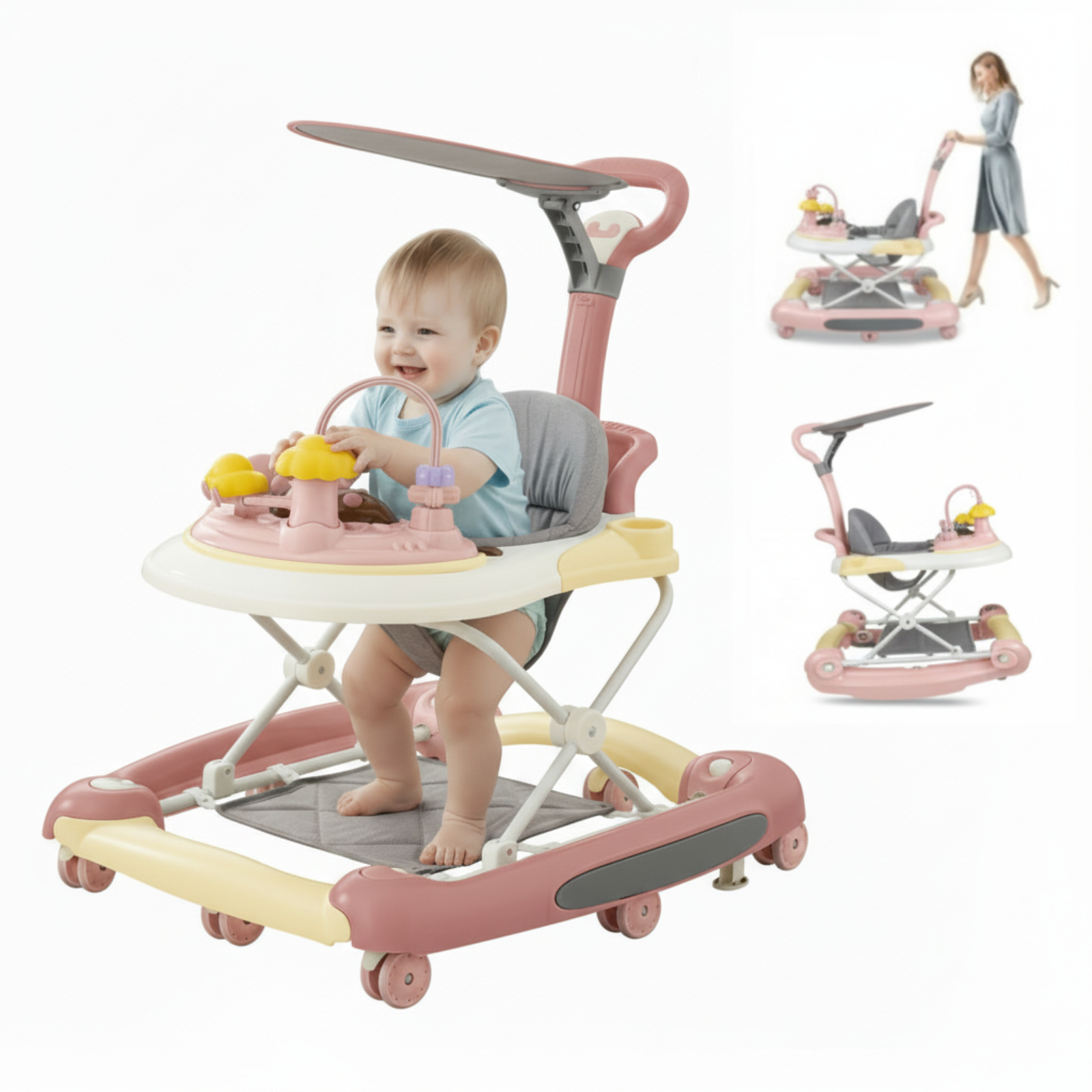 Developmental Walkers For Babies, Foldable Baby Walker, Adjustable Height With Interactive Toys, Pink