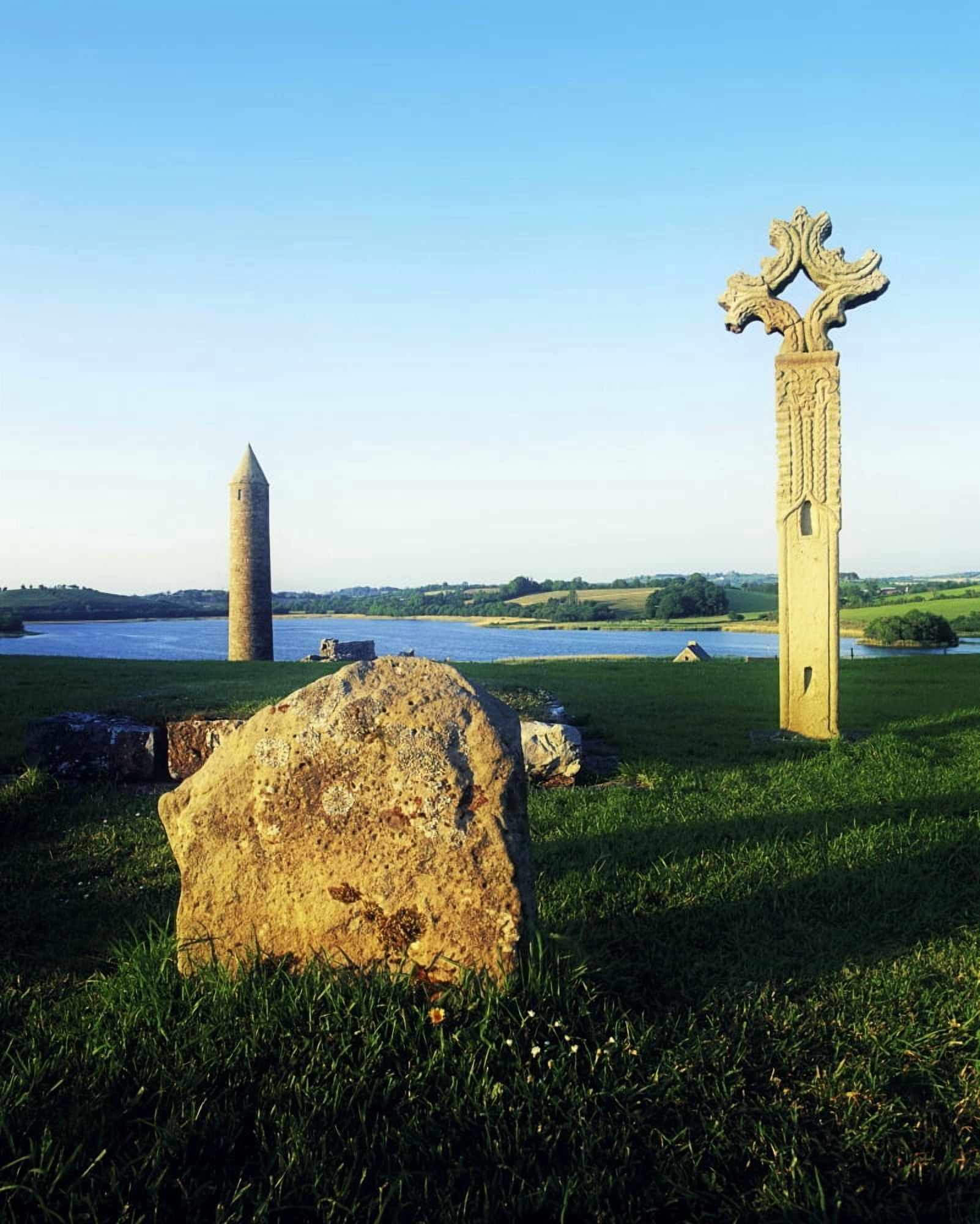 Devenish Island Co Fermanagh Ireland High Cross And 12Th Century Round Tower In The Distance Canvas Art - The Irish Image Collection Design Pics (13 x 17)