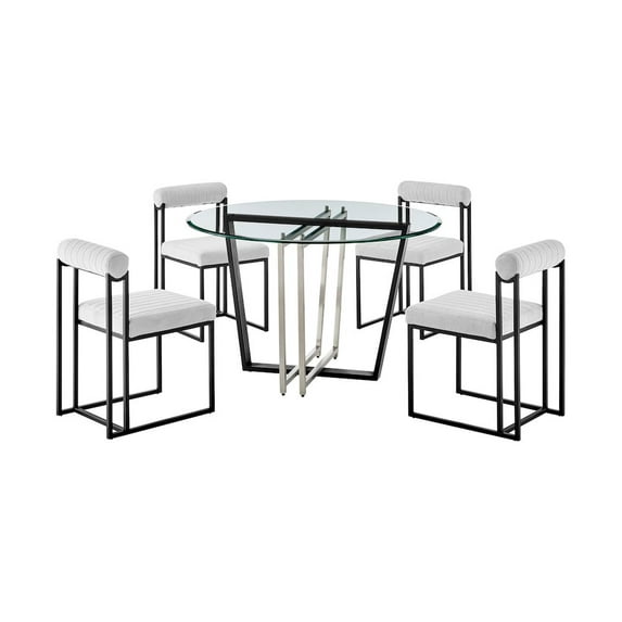 Devi Anastasia 5 Piece Round Glass Dining Table Set with Light Gray Fabric