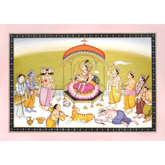 Devi Worshipped By Brahma, Vishnu and Shiva - Watercolor on Paper - Artist: Kailash Raj