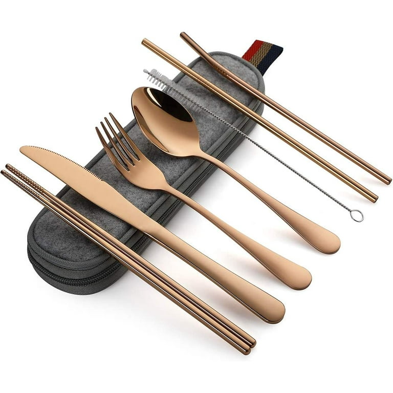 DEVICO Portable Utensils, Travel Camping Cutlery Set, 8-Piece including  Knife Fork Spoon Chopsticks Cleaning Brush Straws Portable Case, Stainless