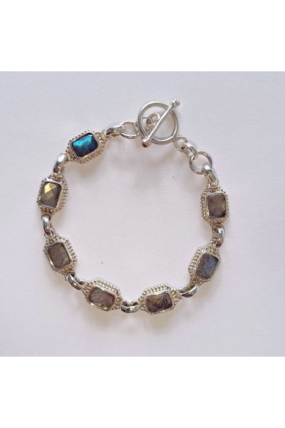 925 Sterling Silver Sundance Stepwise Labradorite Gemstone Link Bracelet For men and women Elegant Rectangular Design with Toggle Clasp, 7.5 Inches