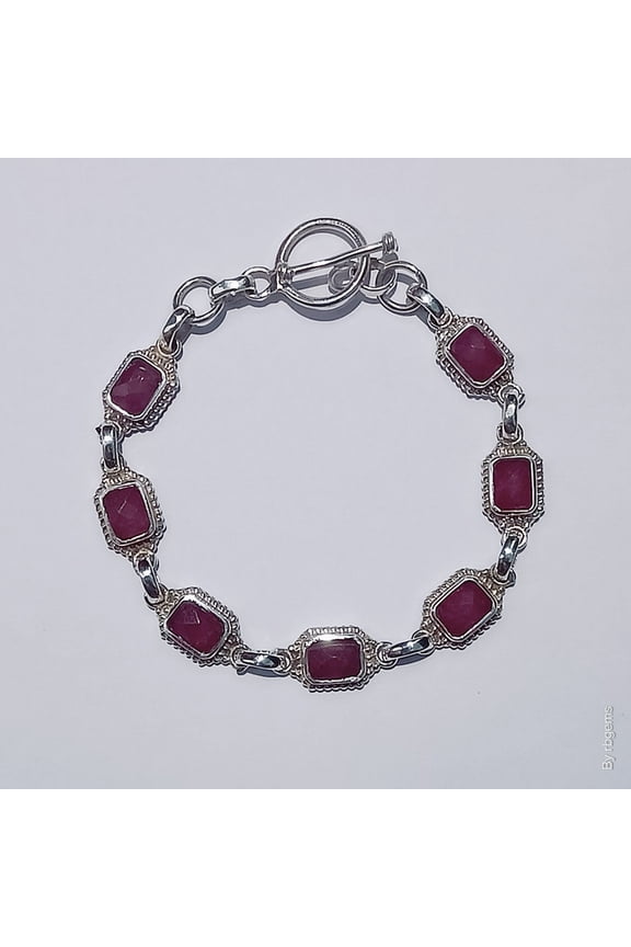925 Sterling Silver Sundance Stepwise Ruby pink Chalcedony Gemstone Link Bracelet For men and women Elegant Rectangular Design with Toggle Clasp, 7.5 Inches