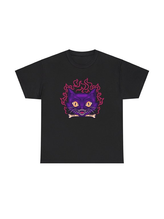Devil Cat Graphic T-Shirt - cool scary flames bones vintage retro halloween art