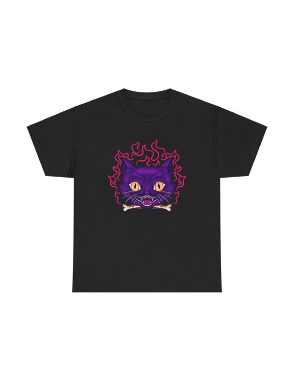 Devil Cat Graphic T-Shirt - cool scary flames bones vintage retro halloween art