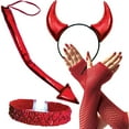 thumbnail image 1 of Devil Costume 4 Piece Set with Red Devils Horns Headband, Lace Fishnet Arm Sleeves, Devil Tail and Sequin Choker Necklace, 1 of 6