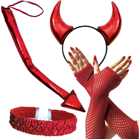Devil Costume 4 Piece Set with Red Devils Horns Headband, Lace Fishnet Arm Sleeves, Devil Tail and Sequin Choker Necklace
