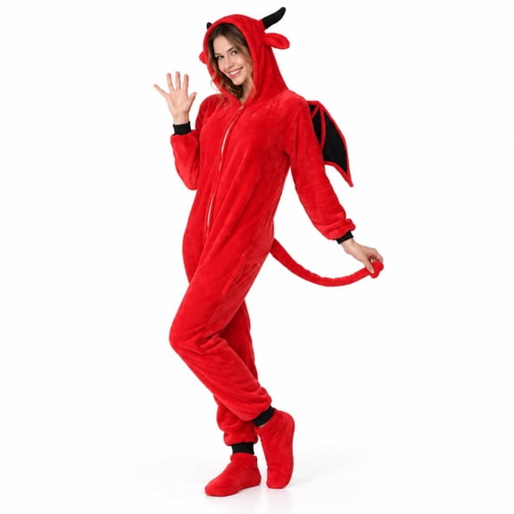 Devil Costume Adult Unisex Cosplay Pajamas 3D Animal Hooded Jumpsuit Flannel Zipper Closure Soft Cozy Machine Washable Funny Onesie for Halloween Christmas