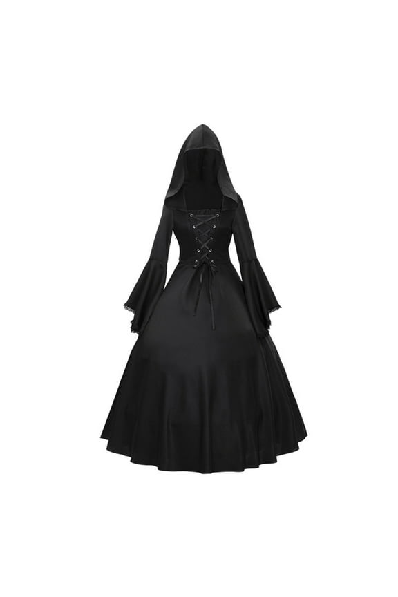 Devil Costume Dress, Retro Gothic Vintage Lace Flared Long Sleeve Dresses Stage Performance Costumes Medieval Summer Dress Maroon For Women Wine Red Dress Gown Dresses Work (XL, Black) ZMTing