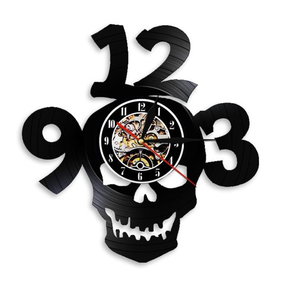 Devil Demon Skull Head Wall Clock Halloween Horror Skull Decoration Modern Design Big Numbers Vintage Vinyl Record Wall Clock Without LED