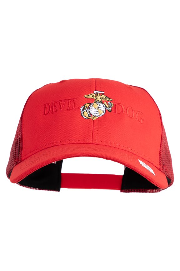 Devil Dog Embroidered 6 Panel Structured Cotton Twill Mesh Cap Made in USA - Red OSFM