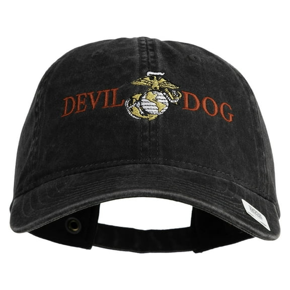 Devil Dog Embroidered Washed Solid Pigment Dyed Cotton Twill Brass Buckle Cap - Black OSFM