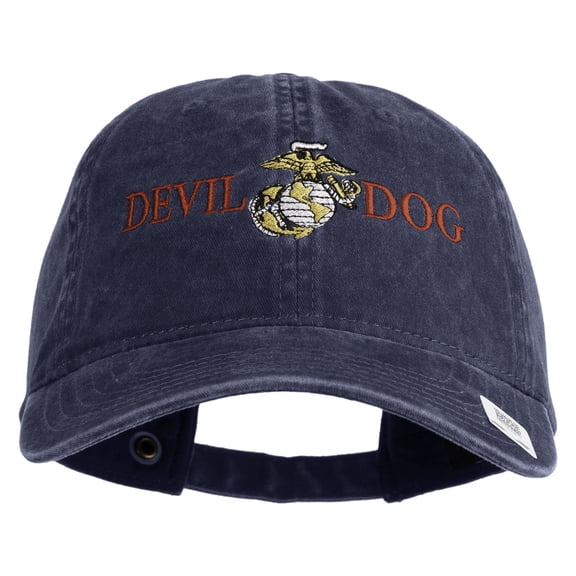 Devil Dog Embroidered Washed Solid Pigment Dyed Cotton Twill Brass Buckle Cap - Navy OSFM