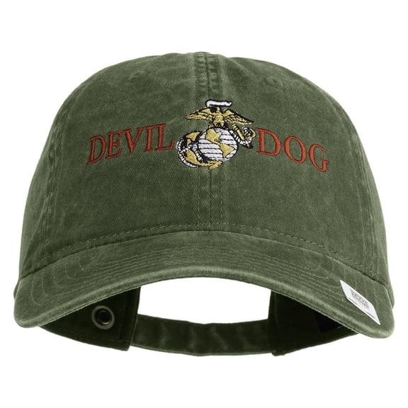Devil Dog Embroidered Washed Solid Pigment Dyed Cotton Twill Brass Buckle Cap - Olive OSFM