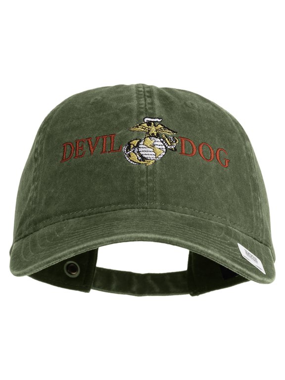 Devil Dog Embroidered Washed Solid Pigment Dyed Cotton Twill Brass Buckle Cap - Olive OSFM