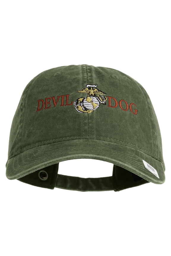 Devil Dog Embroidered Washed Solid Pigment Dyed Cotton Twill Brass Buckle Cap - Olive OSFM