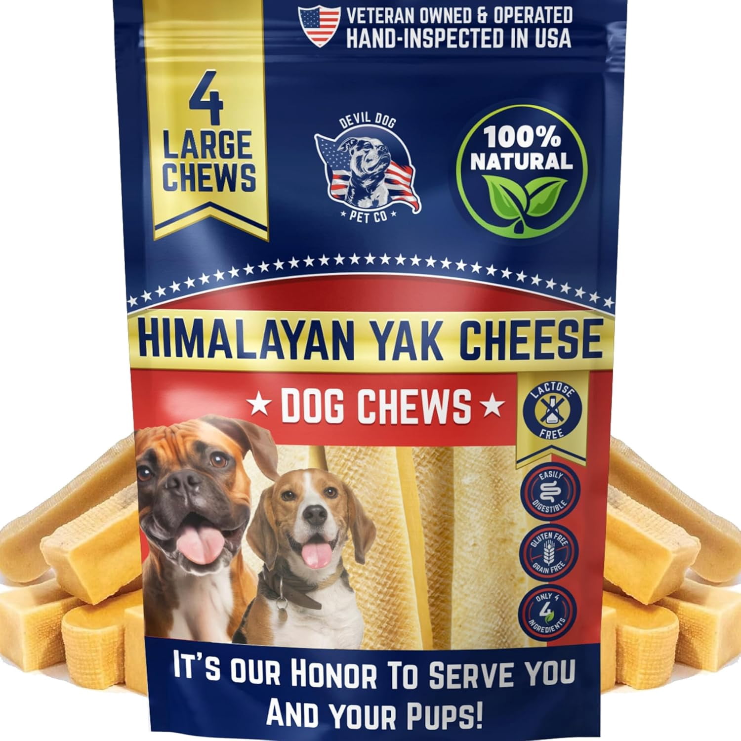 Devil Dog Pet Co Himalayan Yak Cheese Dog Chews for Aggressive Chewers, Long Lasting, Large, 4 Pack