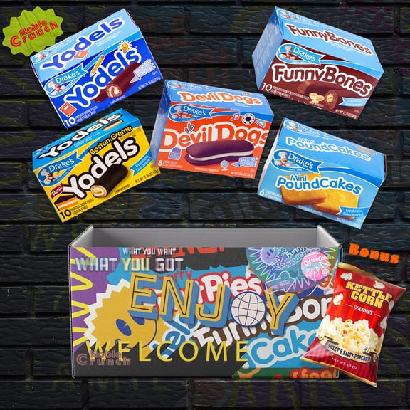 Devil Dogs - Mini Pound Cakes - Funny Bones - Yodels - Yodels Boston Cream - Sweet and Salty Kettle Popcorn - Gourmet Snack Bundle (44 Snack Cakes and Bonus Popcorn) - 6 Items Total