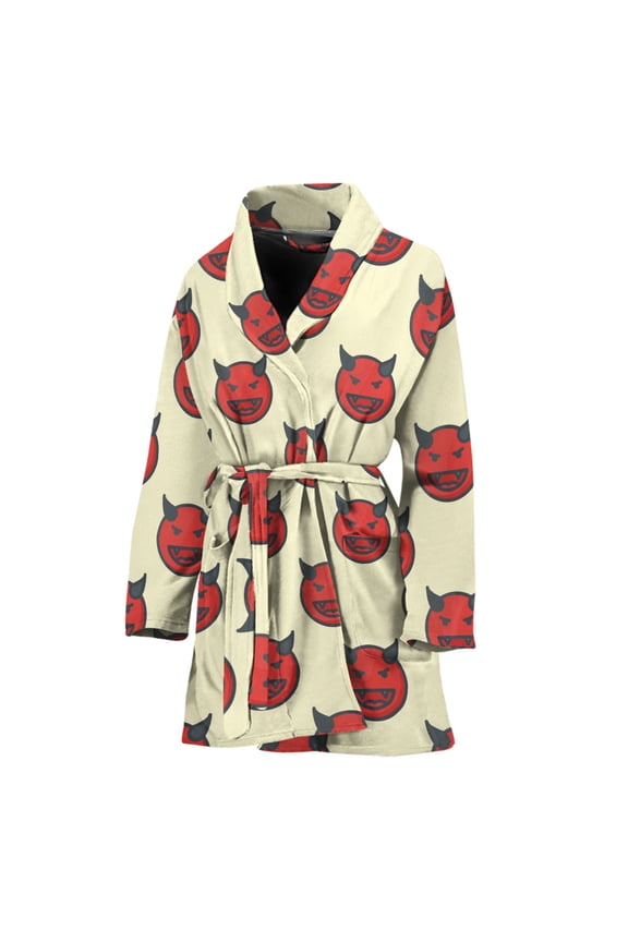 Devil Emoji Pattern Women Bathrobe One Size Univeral Fits Fashion Lightweight Plush Fleece Long Robe For Women
