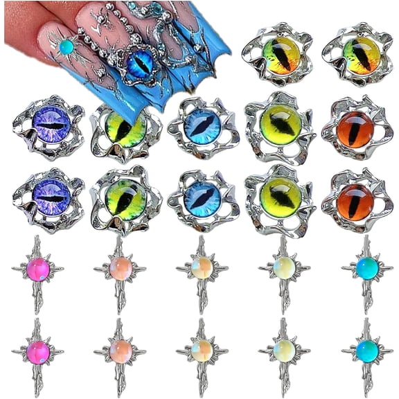 Devil Eye Nail Charms and Cross Nail Charms,22PCS 3D Alloy Nail Art Rhinestones Decoration for Acrylic Nails, Nail Y2K Nail Jewels Accessories for Nail Art Supplies Manicure Craft DIY