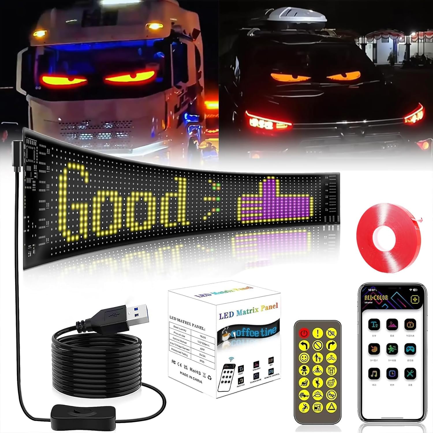 Devil Eyes Light for Cars, Colorful Eye Lamp Soft Screen for Car Windows, Flex LED Display for Car, Programmable Eye Lights for Car, DIY Car Dynamic LED Smart Colorful Eye Lamp Soft Screen (M)