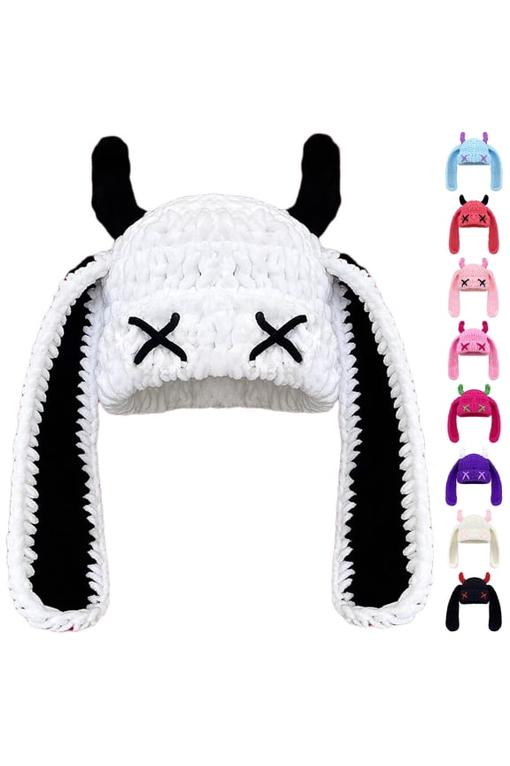 Devil Horn Beanie, Knit Skull Cap with Long Pointed Ears and Horns, Edgy-Cute Hat for Halloween, Cosplay, Concerts and Alternative Fashion Beige