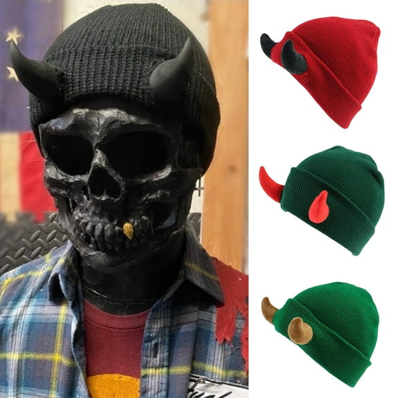 Devil Horn Knitted Beanie Hat Winter Men Women Skull Hat with Horns Outdoor Skiing Cold Weather Warm Handmade Demon Horn Knitting Hat