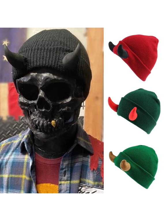 Devil Horn Knitted Beanie Hat Winter Men Women Skull Hat with Horns Outdoor Skiing Cold Weather Warm Handmade Demon Horn Knitting Hat