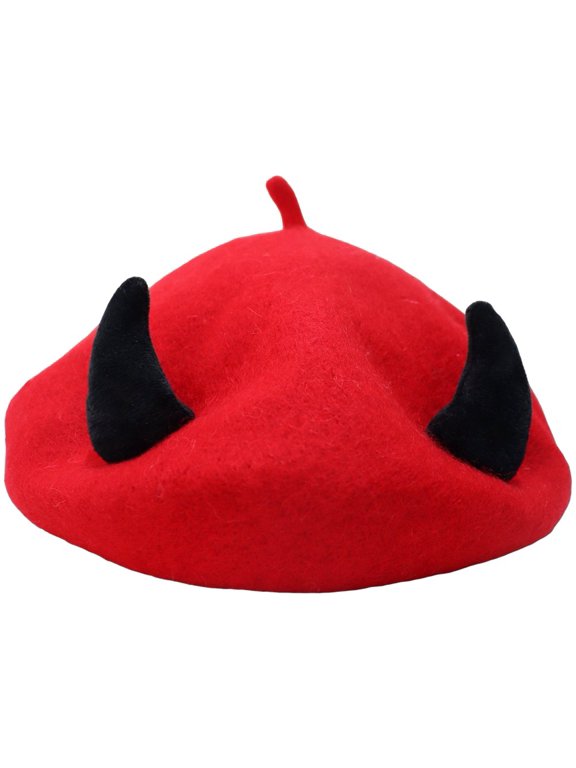Devil Horn Woolen Hat for Adult Novelty Warm Hip Hop Hat Fashionable Winter Horned Beret Breathable Painter Hat for Women (Red)