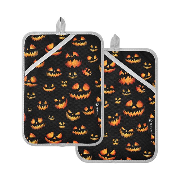 Devil Pumpkin Pattern Pot Holder Set 2 Piece Non-Slip Oven Hot Pads Heat Resistant Durable 7x9.8in