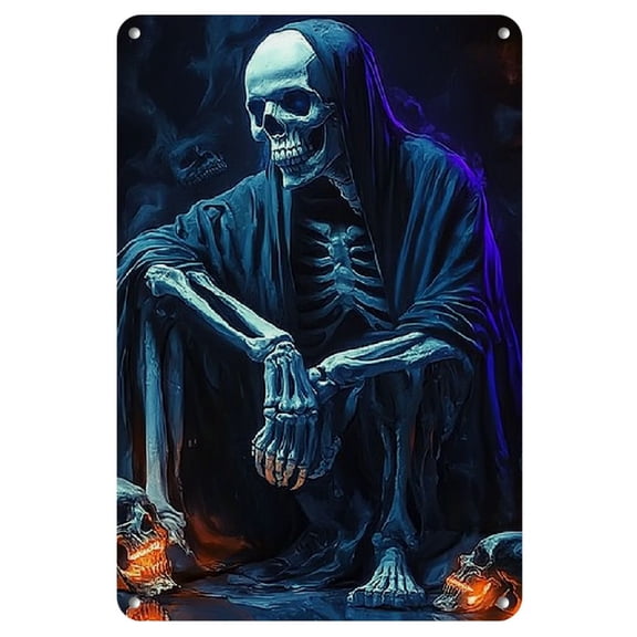 Devil and Skulls Theme Metal Tin Sign - Durable Iron Wall Art for Indoor and Outdoor Decor, High-Definition Colorful Gothic Poster, Weather-Resistant with Pre-Drilled Holes, Perfect for Bar, Cafe