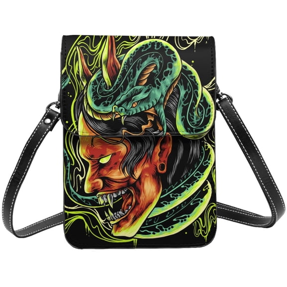 Devil Snake Demon Japanese Cell Phone Purse Small Crossbody Bag with Strap Credit Card Slots Leather Shoulder Wallet for Women