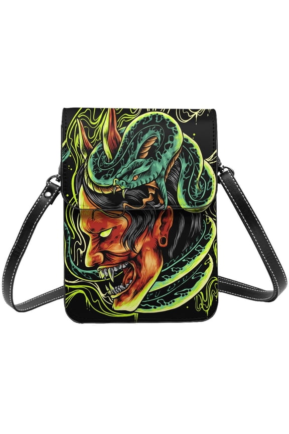 Devil Snake Demon Japanese Cell Phone Purse Small Crossbody Bag with Strap Credit Card Slots Leather Shoulder Wallet for Women