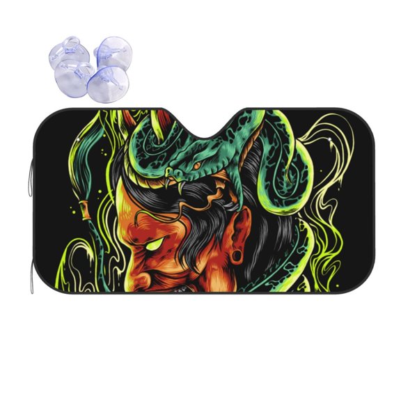 Devil Snake Demon Japanese Reflective Car Windshield Sunshade, UV Ray Reflector Sun Visor Universal Fit for SUVs, Trucks, Sedans,M