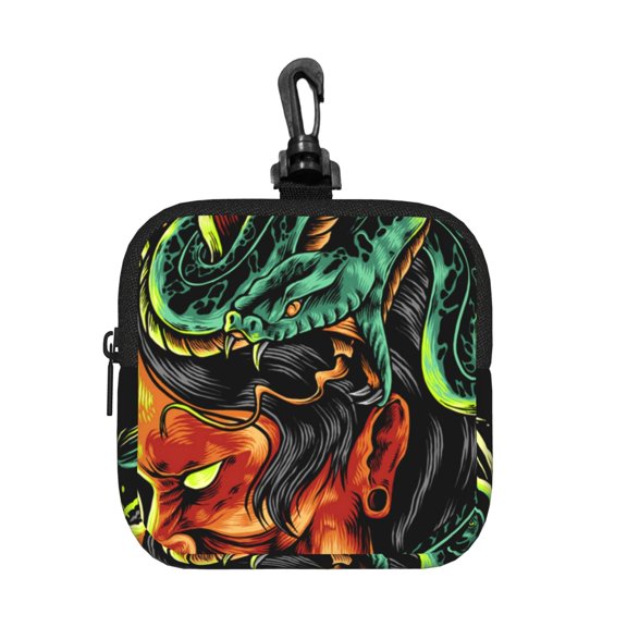 Devil Snake Demon Japanese Square Gear Pouch with Lobster Clasp Waterproof Tech Accessory Organizer, Key & Coin Case