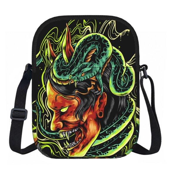 Devil Snake Demon Japanese Zipper Crossbody Bag Everyday Travel Pouch Adjustable Strap Commuter Bags
