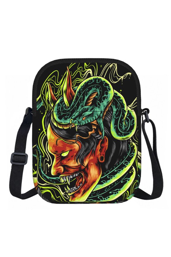 Devil Snake Demon Japanese Zipper Crossbody Bag Everyday Travel Pouch Adjustable Strap Commuter Bags
