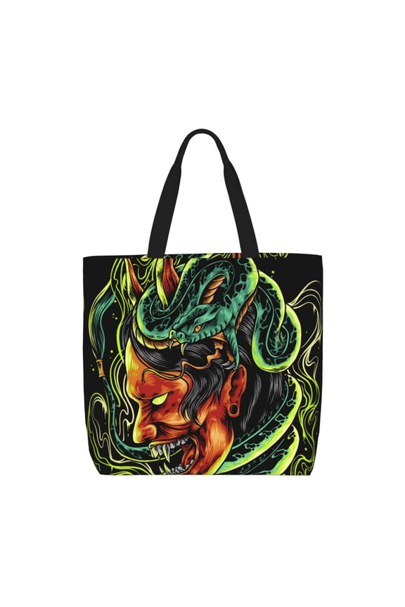 Devil Snake Demon Japanese Zippered Tote Bag Large Capacity Shoulder Handbag for Shopping, Work, Travel