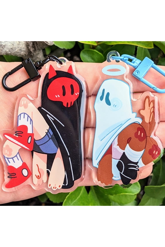 Devil and Angel Ghost Duo Acrylic Keychain Cute Kawaii Character Bag Charm, random 1 pack